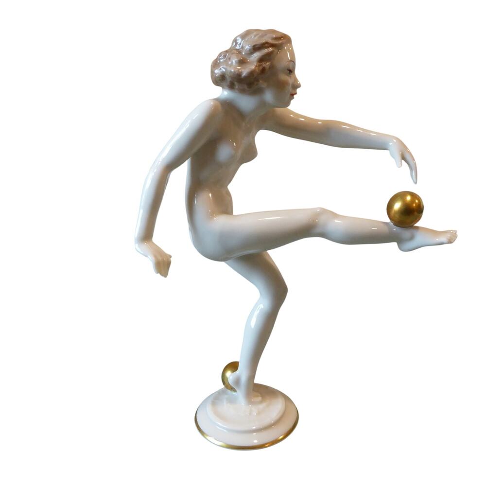 Hutschenreuther Art Deco Nude Woman Figurine Gold Ball 8.5" Kunstabteilung Selb